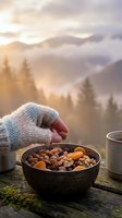 Hand in knitted glove reaching toward bowl of mixed nuts and dried fruit with steaming mug on wooden table overlooking misty mountain landscape at sunrise.