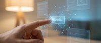 Male hand touching holographic connect button with digital interface elements and glowing particles in modern office environment for technology presentations.
