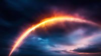 Glowing cosmic arc illuminates dramatic stormy sky with vibrant orange light against deep blue clouds at dusk.