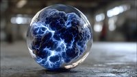 Electric blue lightning energy sphere with glowing plasma effects on concrete surface in industrial warehouse setting for futuristic technology concepts.