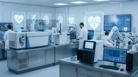 Modern medical laboratory with scientists conducting research using advanced equipment and digital health technology interfaces.