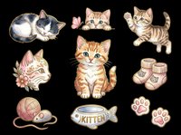 Cute kittens and cat accessories collection isolated on transparent background, ready for t-shirt designs, stickers, clipart, sublimation and print-on-demand projects.