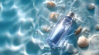 Glass bottle floating underwater with seashells and sunlight rays creating dreamy aquatic atmosphere. Magical marine composition with rippling water effects.