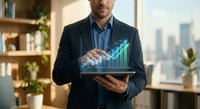 Professional businessman holding tablet displaying holographic growth chart with green arrow in modern office environment for business success presentations.