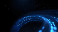 Glowing blue binary code stream in dark space creates futuristic digital tunnel effect with motion blur and light trails for technology backgrounds.