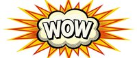 Comic book style explosion bubble with WOW text in bold letters surrounded by radiating yellow and orange burst rays on transparent background for graphic design.