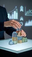 Businesswoman building investment portfolio with transparent blocks and golden coins against financial charts background for wealth management concepts.