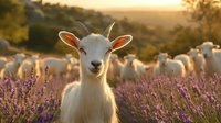 Young white goat smiling at camera in blooming lavender field during golden sunset, with herd of sheep in background, creating peaceful pastoral scene.