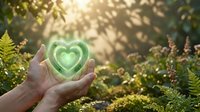 Hands holding glowing green heart shape surrounded by lush ferns and foliage in sunlit forest setting, symbolizing environmental care and nature conservation.