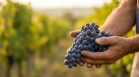 Farmer holding fresh dark grapes in vineyard field during harvest season. Ripe fruit in male hands with blurred green vines background for agriculture and wine production concepts.