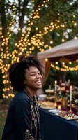 Happy African American woman laughing at outdoor evening party with string lights and food buffet creating warm festive atmosphere for celebrations.