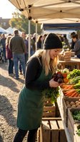 Young blonde woman in green apron selecting fresh vegetables at outdoor farmers market with customers browsing under white tents in warm evening light.