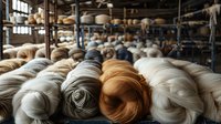 Rows of natural wool roving in various neutral colors arranged on industrial shelving, showing texture and fiber preparation for spinning and textile crafts.
