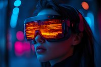 Young Asian woman wearing futuristic smart glasses with orange digital display reflection against neon city lights background in cyberpunk style.