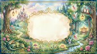 Enchanted fairy tale frame with castle, forest, dragon, owls, carriage, fairies, roses, and mushrooms. Copy space for text or design.