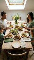 Family enjoying healthy meal together at wooden dining table with fresh salads and vegetables under natural skylight, promoting wellness and togetherness.