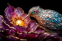 Magical glowing purple peony with golden accents and decorative bird in turquoise and silver scales on black background, fantasy art composition.
