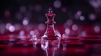 Red glass chess queen piece standing in water with ripples and splashes against dark background with bokeh lights creating dramatic atmosphere.