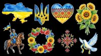 Watercolor Ukraine map with flag colors, trident symbol, ornamental heart, sunflowers, Cossack horseman, floral wreath, embroidered cross pattern, and dove. Isolated on transparent background, ready for t-shirts, clipart, stickers, and print-on-demand designs.