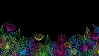 Vibrant neon floral border on black background with colorful outlined flowers and leaves creating decorative frame for design projects.