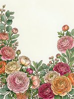 Elegant ranunculus floral frame with pink, coral and cream blooms on neutral background for wedding invitations and romantic design projects.