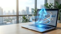 Modern laptop displaying glowing blue upward arrow with swirling light effects on wooden desk in bright office space with city skyline view and green plants.