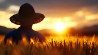 Woman in wide-brimmed hat silhouetted against golden sunset in wheat field. Peaceful countryside scene with warm lighting for wellness and agriculture concepts.