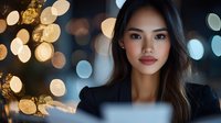 Young Asian businesswoman working late on laptop computer with warm bokeh lights in background creating professional nighttime office atmosphere.