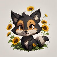 Cute cartoon fox cub with big eyes sitting among bright yellow sunflowers on light background, children book illustration style character design.