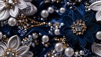 Elegant floral pattern with navy blue and silver flowers adorned with pearls and golden crystals on dark background creates luxurious decorative composition.