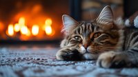 Relaxed tabby cat lying on carpet near warm fireplace creating cozy home atmosphere for pet care and comfort concepts.