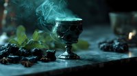 Mystical goblet with rising smoke surrounded by dark berries and mint leaves on rustic table, creating atmospheric fantasy mood.