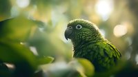 Green parrot with vibrant plumage in natural forest habitat, soft bokeh background creates dreamy atmosphere for wildlife photography.