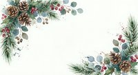 Watercolor Christmas frame with pine branches, pinecones, eucalyptus leaves and red berries on cream background. Holiday botanical border for greeting cards.