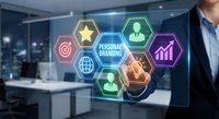 Personal branding concept with glowing hexagonal icons on virtual screen, businessman pointing at digital interface in modern office.