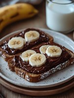 Chocolate spread toast topped with fresh banana slices served with milk for healthy breakfast meal on wooden table.