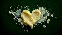 Heart-shaped butter melting with dynamic milk splash on dark green background for culinary and cooking concepts.