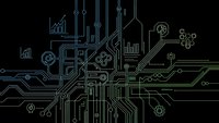 Digital circuit board design with glowing neon lines connecting business icons and data symbols on dark background for technology presentations.
