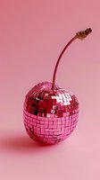 Creative pink disco ball shaped like cherry on pink background, combining retro disco and fruit elements for party decoration or entertainment design concept.