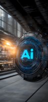 Futuristic glowing AI symbol with digital circuit patterns and light effects on blurred industrial background, combining blue technology elements and warm sunlight glow.