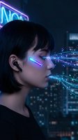 Futuristic Asian woman with glowing cyberpunk augmented reality glasses and wireless earbuds in neon-lit cityscape for sci-fi technology concepts.