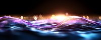 Abstract glowing waves with purple and blue light effects on dark background, flowing energy lines with bokeh particles creating dynamic motion and luminous pattern.