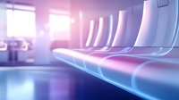 Modern white plastic chairs in waiting room with purple and blue lighting creating futuristic atmosphere for healthcare or business interior design.