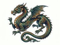 Green and gold ornamental dragon with scaled wings and curled tail on isolated white background, ready for design projects, merchandise, and decorative applications.