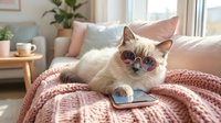 Fluffy cream-colored cat wearing sunglasses lies on pink knit blanket with smartphone, cozy bedroom interior with plants and natural light.