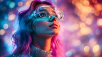 Young woman in futuristic glasses with neon pink and blue lighting, glitter makeup, and wavy hair against blurred bokeh background, cyberpunk style portrait.
