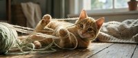 Playful ginger tabby kitten tangled in ball of yarn on wooden floor, perfect for pet care, animal behavior, and lifestyle content.