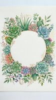 Watercolor succulent wreath frame with empty center space for text, featuring cacti and botanical elements in pastel colors for wedding invitations and cards.
