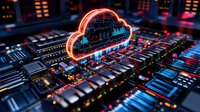 Glowing neon cloud computing symbol on futuristic circuit board with blue and red lighting effects, representing digital data storage and network technology.