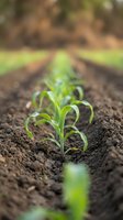 Young corn seedlings emerging from rich dark soil in agricultural field rows with shallow depth of field for farming and crop cultivation concepts.